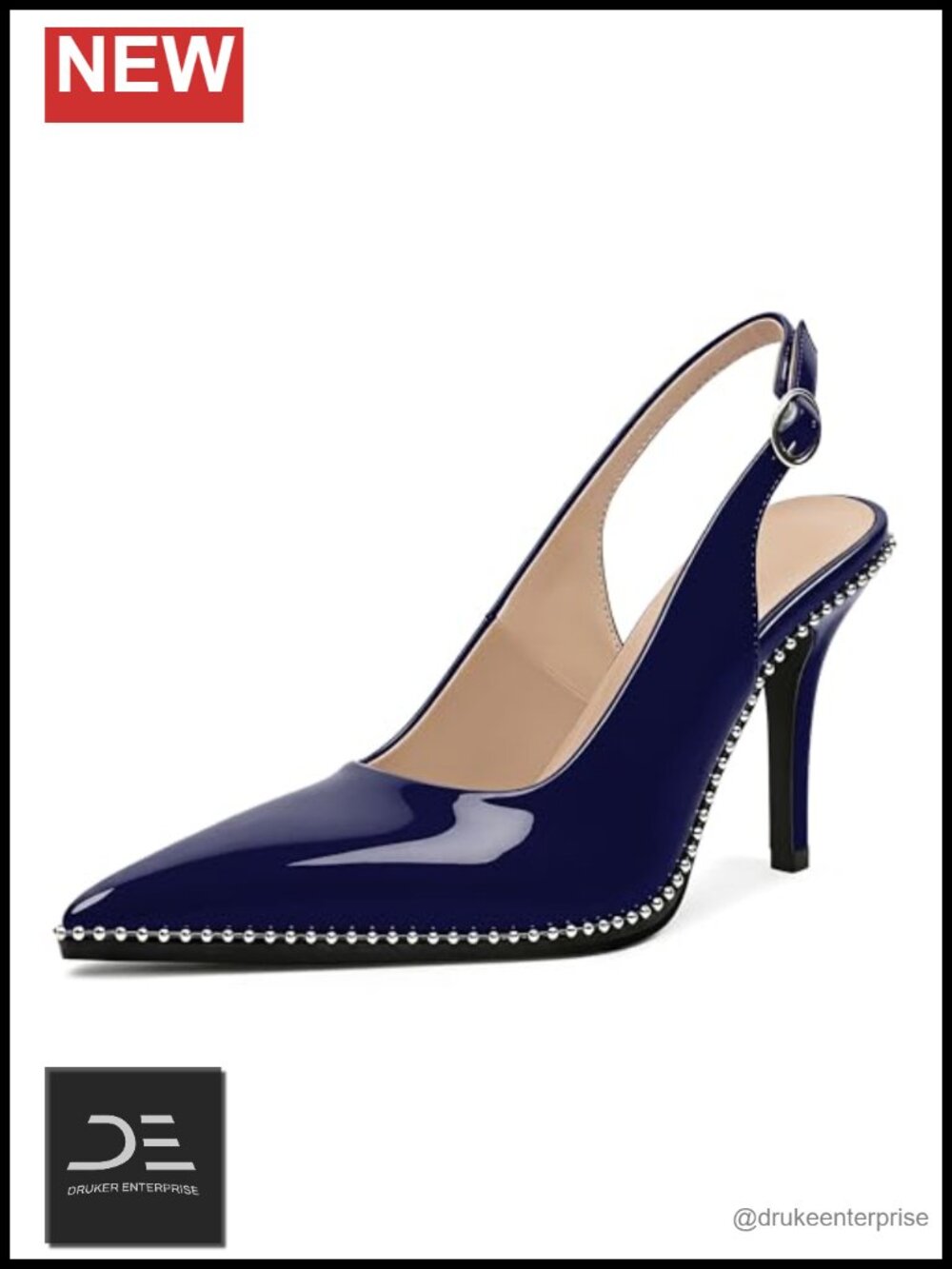Women's Beaded Slingback Pumps High Heel Pointed Toe Stilettos Patent Leather
